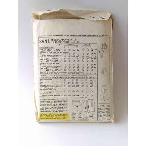 Vintage Pattern McCall's 3941 70s Top, Skirt Pants Size 12 Bust 34 1974 - Picture 2 of 4